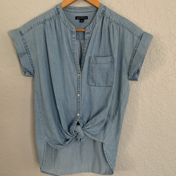 J. Crew Mercantile Sz XS  Chambray Denim Button Shirt Tie Front Summer - Picture 4 of 8